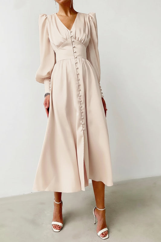 A beige satin single-breasted long dress with lantern sleeves and a V-neck design, featuring button decorations and a mid-calf length.