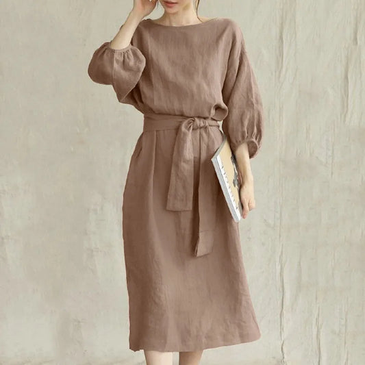 Round neck linen dress