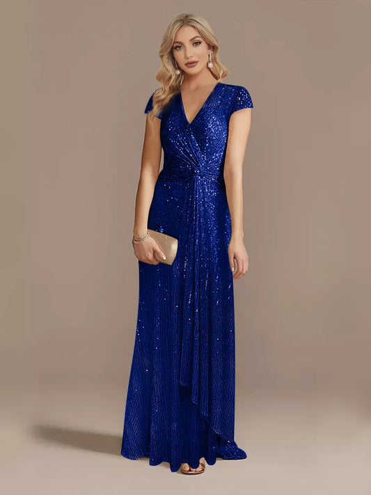 Blue V-Neck Sequin Evening Dresses
