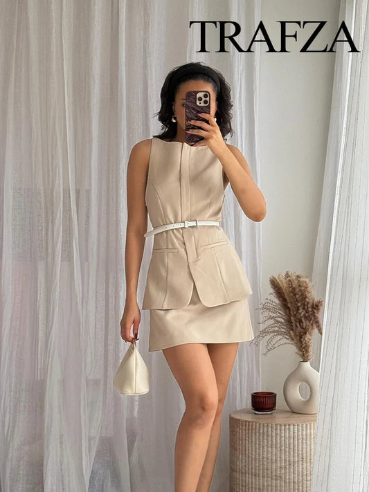 TRAFZA Women's Summer Fashion Dresses Solid O-Neck Sleeveless Pockets Belt Decoration Zipper Female High Street Mini Dress