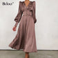 Elegant Satin Single-Breasted Shirt Dress Fashion Beige Slim V Neck Long Dresses Woman Latern Sleeve Autumn Winter Robe