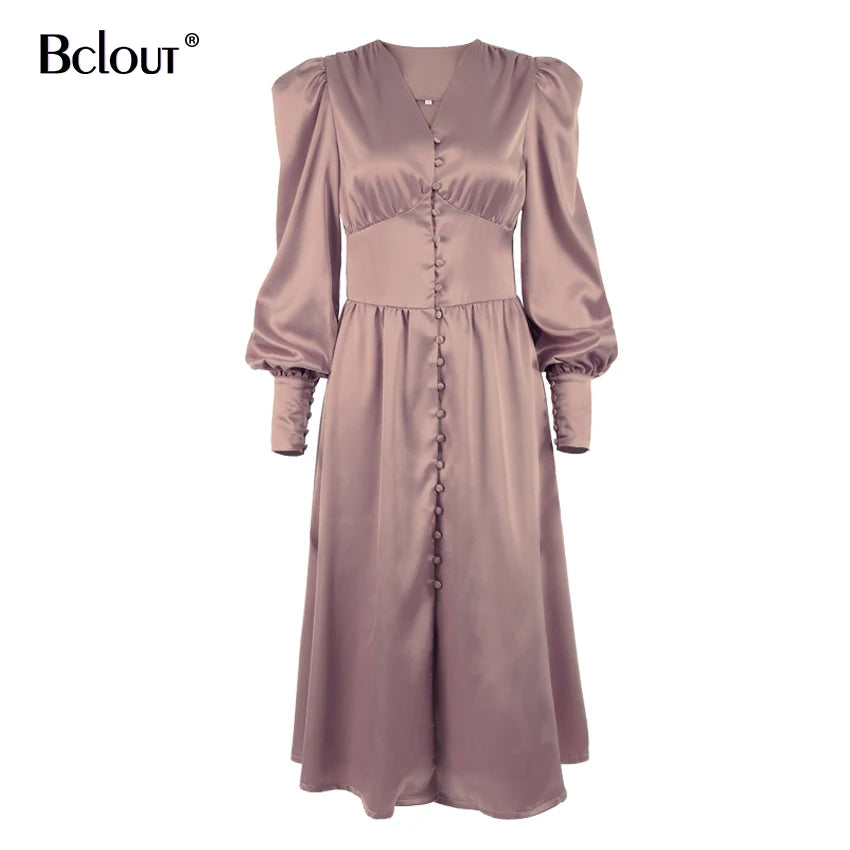 Elegant Satin Single-Breasted Shirt Dress Fashion Beige Slim V Neck Long Dresses Woman Latern Sleeve Autumn Winter Robe