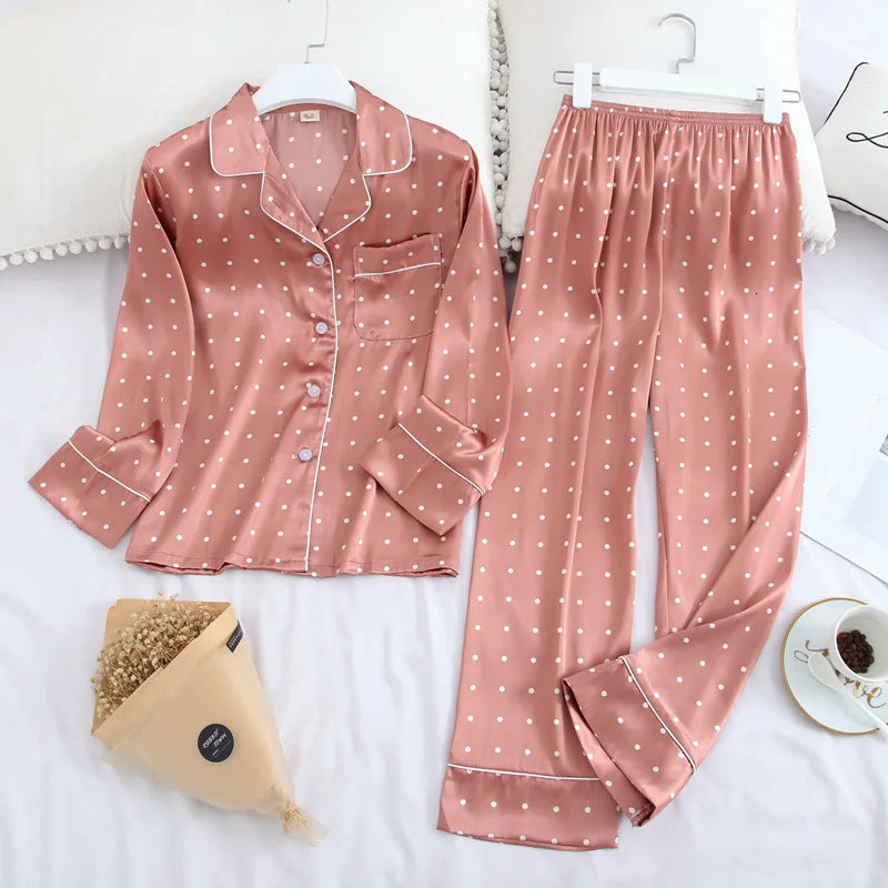 Long Sleeve Pyjamas Autumn Ice Silk Long Sleeve Trousers Suit Printing Fashion Pyjamas Set