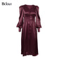 Elegant Satin Single-Breasted Shirt Dress Fashion Beige Slim V Neck Long Dresses Woman Latern Sleeve Autumn Winter Robe