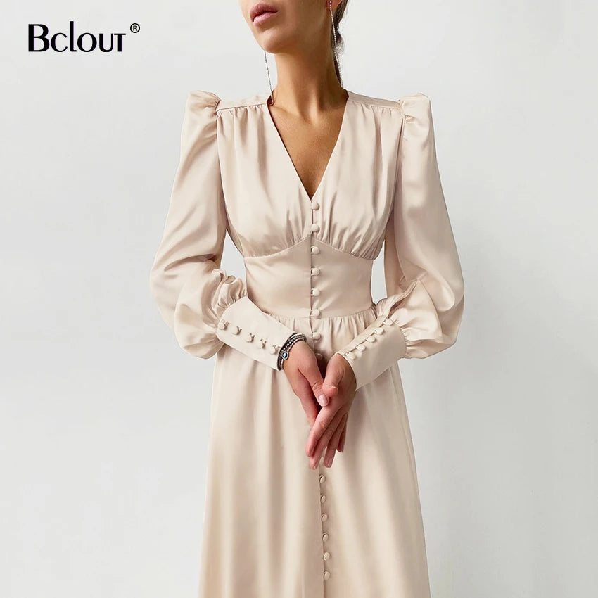 Elegant Satin Single-Breasted Shirt Dress Fashion Beige Slim V Neck Long Dresses Woman Latern Sleeve Autumn Winter Robe