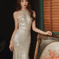 A woman wearing a sparkling silver sequined dress with shoulder chain details, posing next to an ornate gold picture frame in front of wooden shutters.