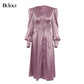 Elegant Satin Single-Breasted Shirt Dress Fashion Beige Slim V Neck Long Dresses Woman Latern Sleeve Autumn Winter Robe