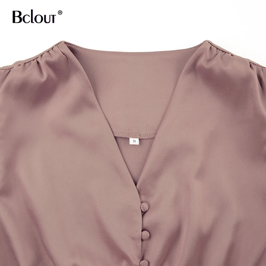 Elegant Satin Single-Breasted Shirt Dress Fashion Beige Slim V Neck Long Dresses Woman Latern Sleeve Autumn Winter Robe