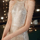 A woman wearing a sleeveless champagne-colored sequin dress with decorative chain straps draped across the shoulders, set against a dark background with warm bokeh lights.