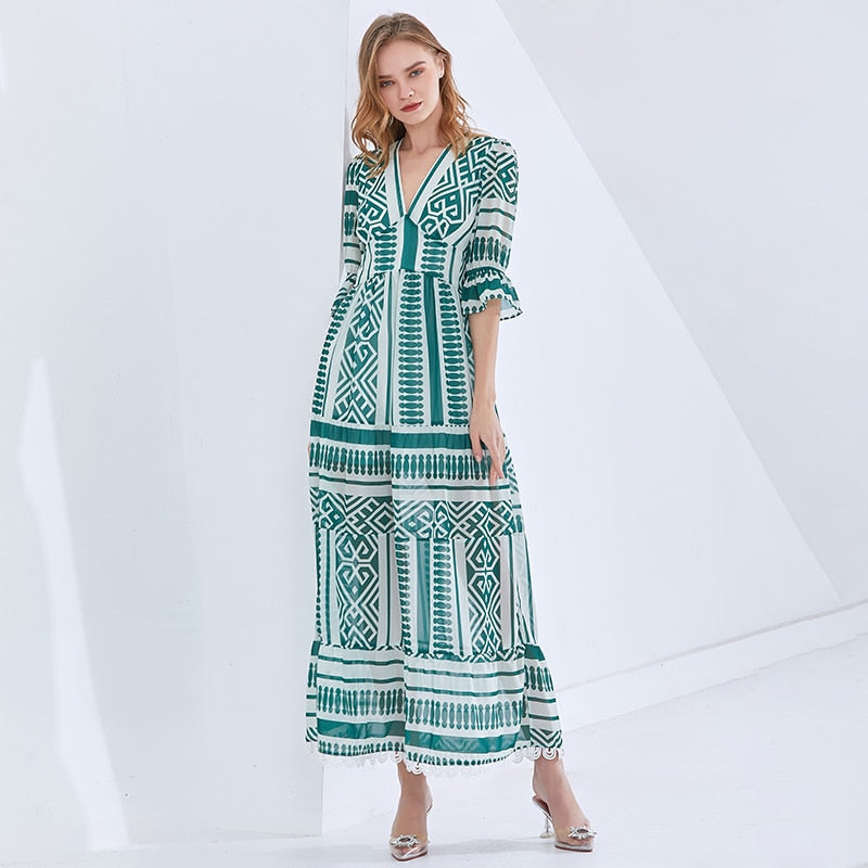 TWOTWINSTYLE Print Vintage Spring Dress For Women V Neck Half Sleeve High Waist Elegant Maxi Dresses Female Fashion New Clothes