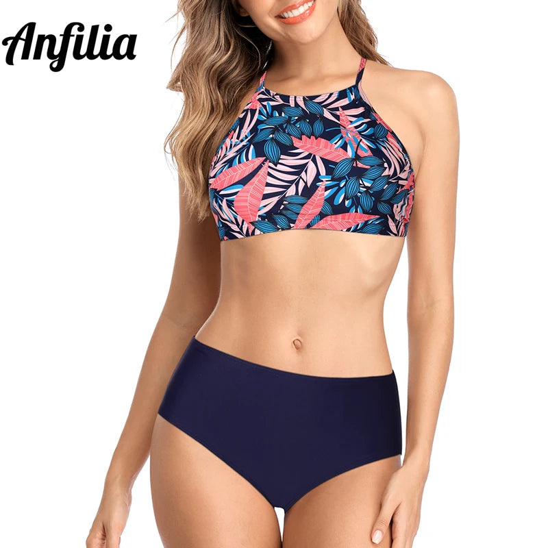 Anfilia Women Bikini Set High Neck Swimsuit Halter Swimwear Vintage Printed Bathing Suit Beachwear Bikini