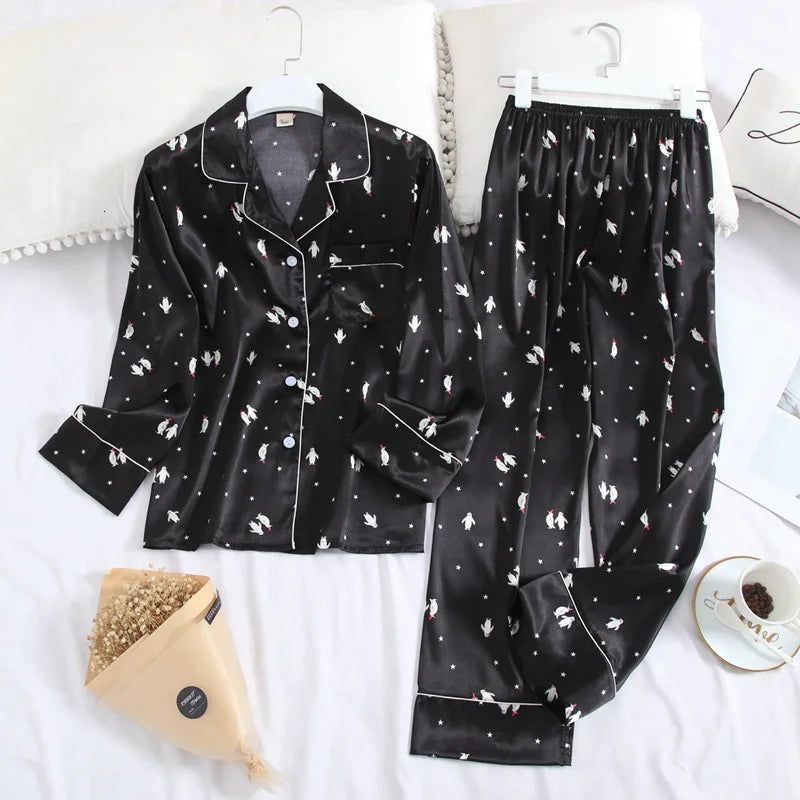 Long Sleeve Pyjamas Autumn Ice Silk Long Sleeve Trousers Suit Printing Fashion Pyjamas Set