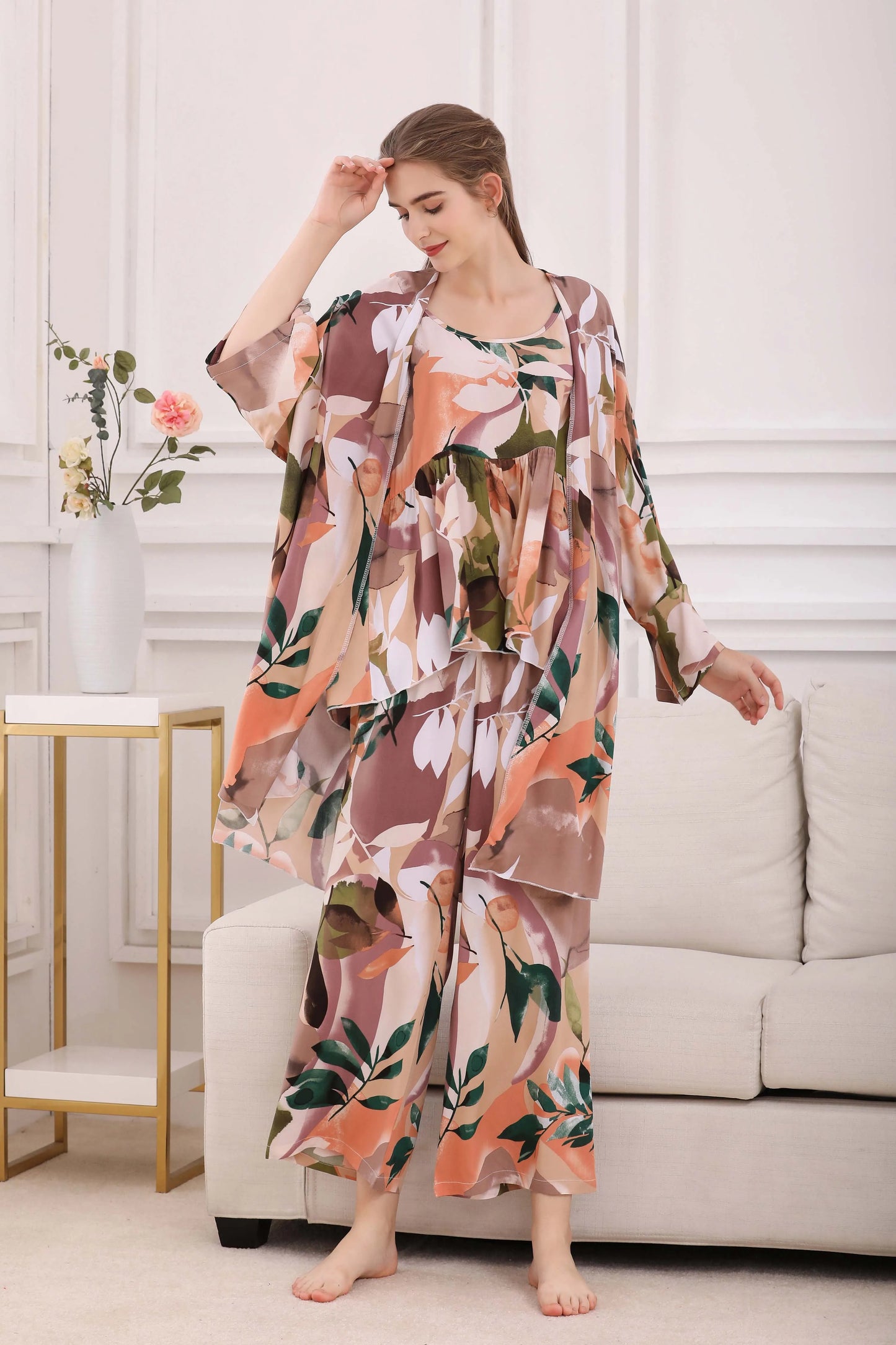 Cotton Pyjamas Set Flower Print Summer Thin Pyjama Femme Long Robe+Pants+Vest 3 Piece/Set Sleepwear Pijama