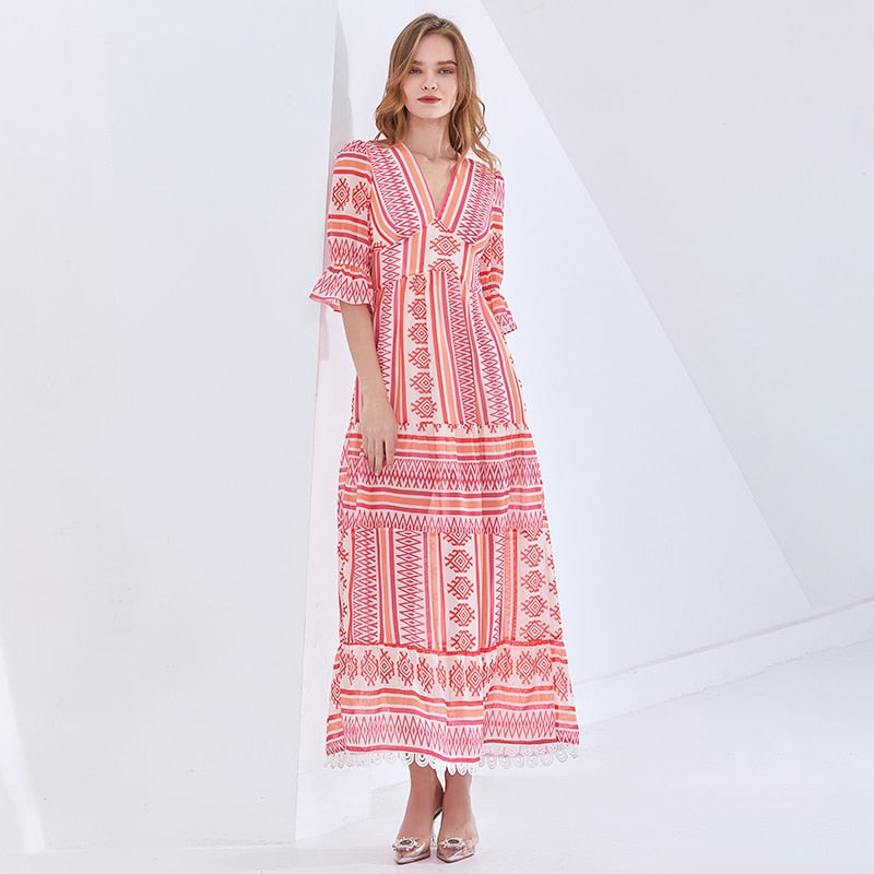 TWOTWINSTYLE Print Vintage Spring Dress For Women V Neck Half Sleeve High Waist Elegant Maxi Dresses Female Fashion New Clothes