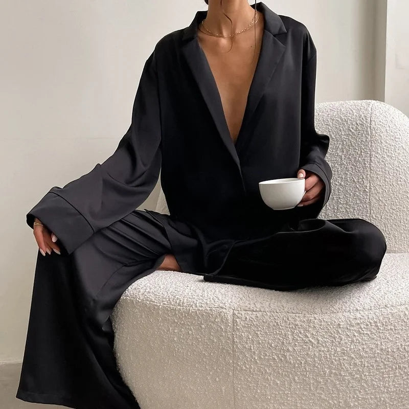 Women's Pajamas Silk Pajamas Low Cut Sexy Single-Breasted Long Sleeves Wide Leg Pants Pyjamas Sets Sleepwear Loungewear Women