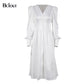 Elegant Satin Single-Breasted Shirt Dress Fashion Beige Slim V Neck Long Dresses Woman Latern Sleeve Autumn Winter Robe