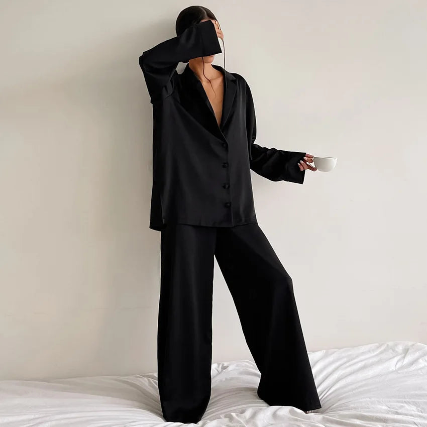 Women's Pajamas Silk Pajamas Low Cut Sexy Single-Breasted Long Sleeves Wide Leg Pants Pyjamas Sets Sleepwear Loungewear Women