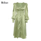 Elegant Satin Single-Breasted Shirt Dress Fashion Beige Slim V Neck Long Dresses Woman Latern Sleeve Autumn Winter Robe