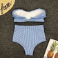 Sexy Retro Blue White Striped Bandeau High Waist Bikini 2025 Lady Swimwear Women Swimsuit Female Ruffle Ruched Swim Bathing Suit