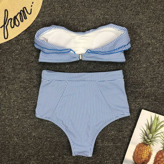 Sexy Retro Blue White Striped Bandeau High Waist Bikini 2025 Lady Swimwear Women Swimsuit Female Ruffle Ruched Swim Bathing Suit