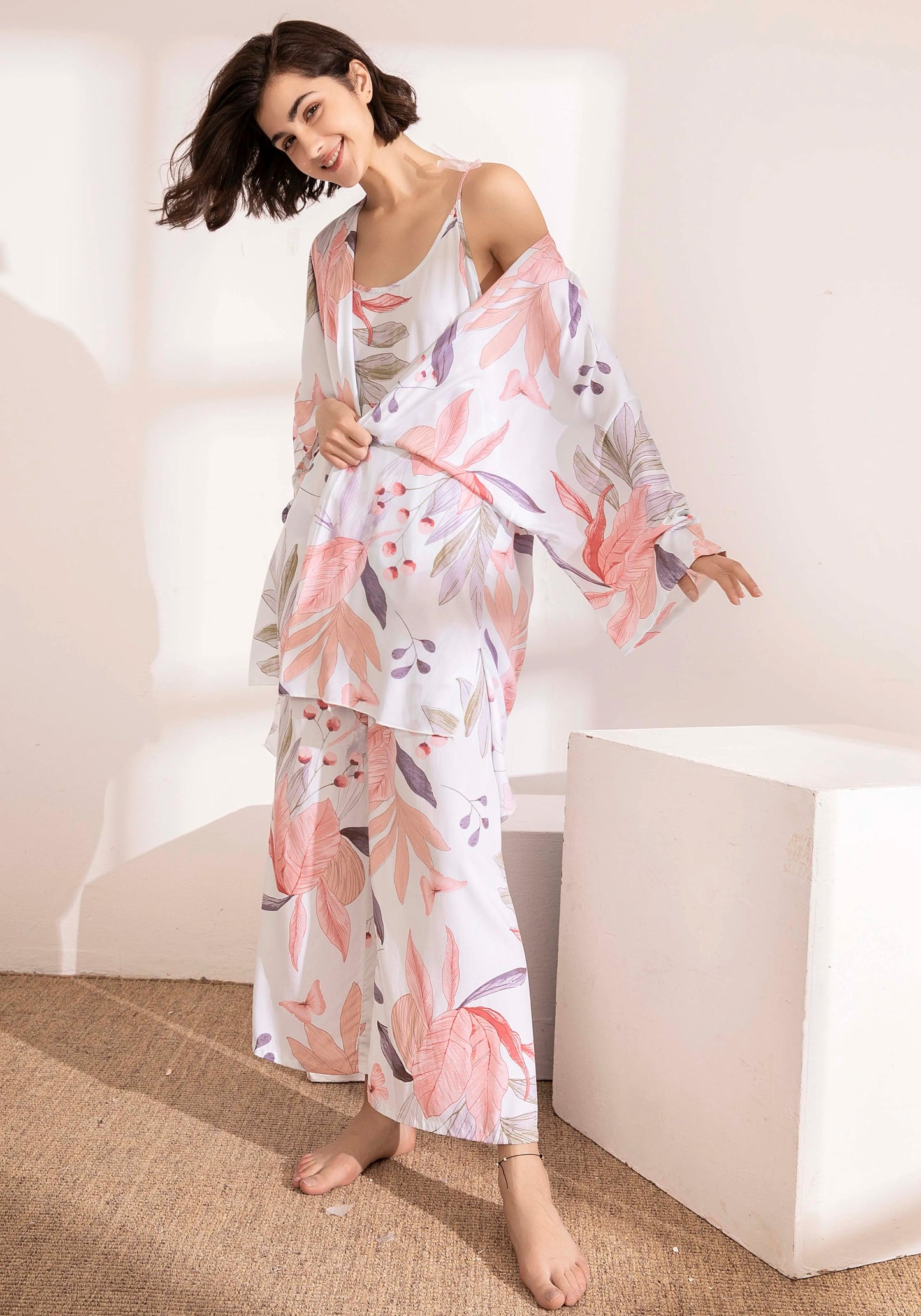 Cotton Pyjamas Set Flower Print Summer Thin Pyjama Femme Long Robe+Pants+Vest 3 Piece/Set Sleepwear Pijama