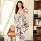 Cotton Pyjamas Set Flower Print Summer Thin Pyjama Femme Long Robe+Pants+Vest 3 Piece/Set Sleepwear Pijama