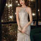 A woman wearing a sparkling silver sequined evening dress with shoulder straps, standing in a dimly lit room with string lights and a dark green sofa in the background.