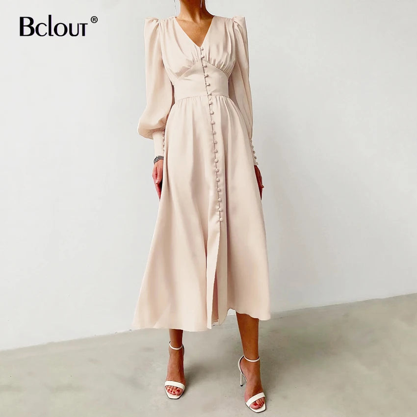 Elegant Satin Single-Breasted Shirt Dress Fashion Beige Slim V Neck Long Dresses Woman Latern Sleeve Autumn Winter Robe