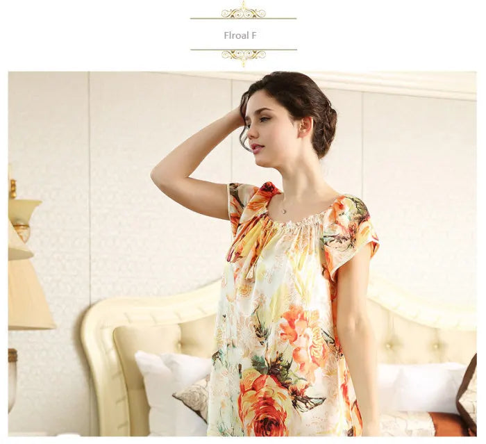 100% pure silk nightgowns women Sexy sleepwear Home dresses SILK nightdress SATIN nightie Summer style Floral dress