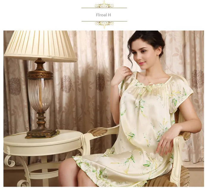 100% pure silk nightgowns women Sexy sleepwear Home dresses SILK nightdress SATIN nightie Summer style Floral dress