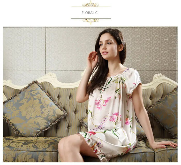 100% pure silk nightgowns women Sexy sleepwear Home dresses SILK nightdress SATIN nightie Summer style Floral dress