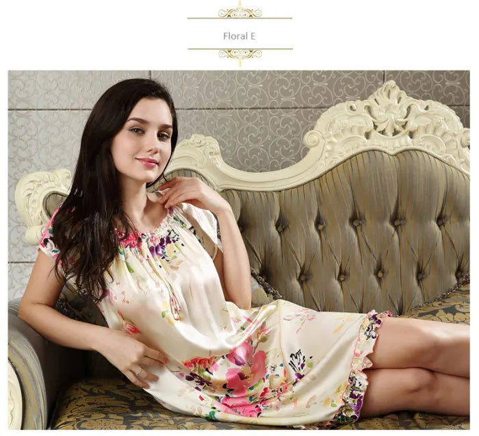 100% pure silk nightgowns women Sexy sleepwear Home dresses SILK nightdress SATIN nightie Summer style Floral dress