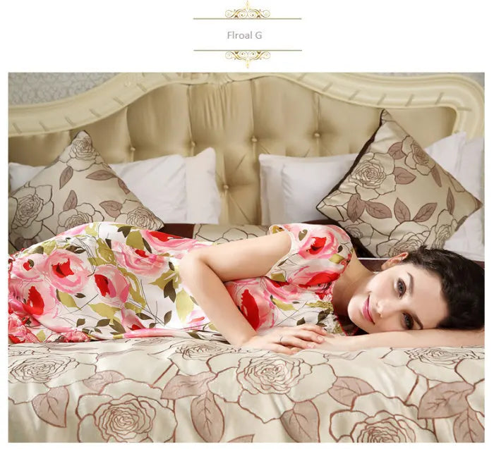100% pure silk nightgowns women Sexy sleepwear Home dresses SILK nightdress SATIN nightie Summer style Floral dress