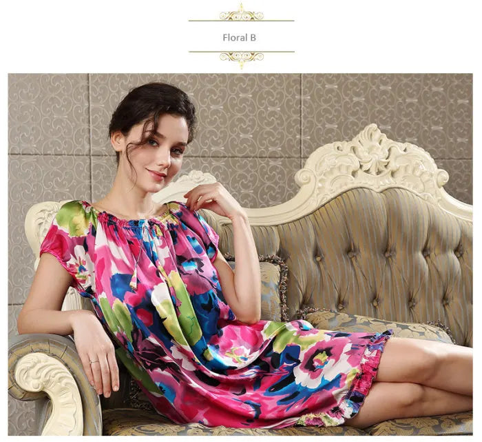 100% pure silk nightgowns women Sexy sleepwear Home dresses SILK nightdress SATIN nightie Summer style Floral dress