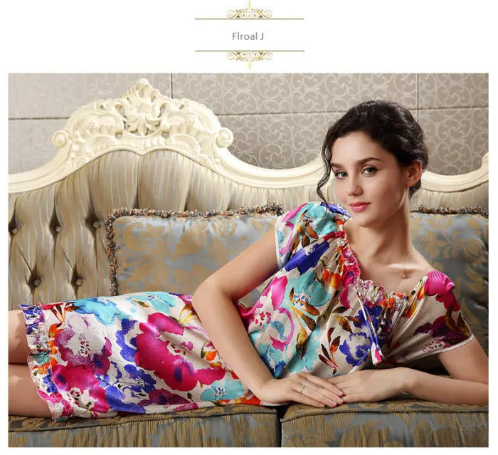 100% pure silk nightgowns women Sexy sleepwear Home dresses SILK nightdress SATIN nightie Summer style Floral dress