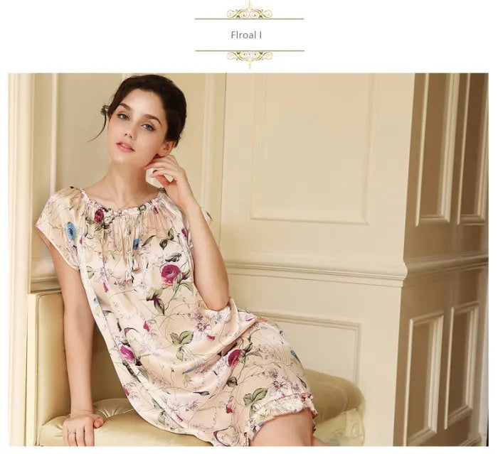 100% pure silk nightgowns women Sexy sleepwear Home dresses SILK nightdress SATIN nightie Summer style Floral dress