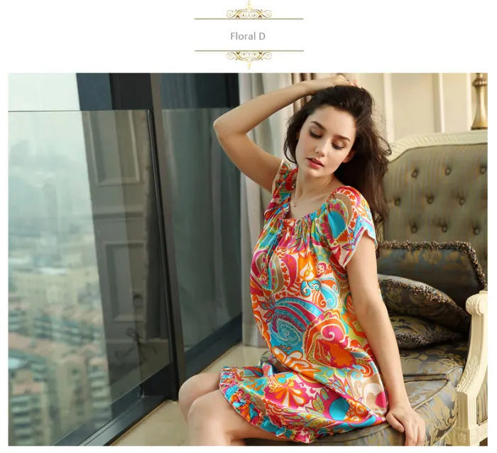 100% pure silk nightgowns women Sexy sleepwear Home dresses SILK nightdress SATIN nightie Summer style Floral dress