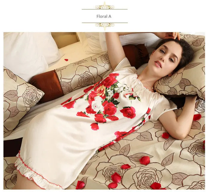 100% pure silk nightgowns women Sexy sleepwear Home dresses SILK nightdress SATIN nightie Summer style Floral dress