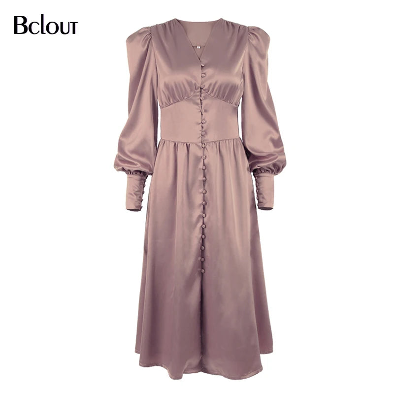 Elegant Satin Single-Breasted Shirt Dress Fashion Beige Slim V Neck Long Dresses Woman Latern Sleeve Autumn Winter Robe