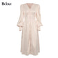 Elegant Satin Single-Breasted Shirt Dress Fashion Beige Slim V Neck Long Dresses Woman Latern Sleeve Autumn Winter Robe