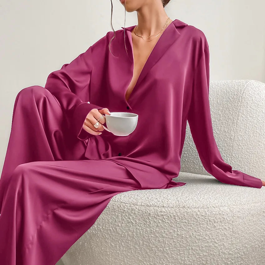 Women's Pajamas Silk Pajamas Low Cut Sexy Single-Breasted Long Sleeves Wide Leg Pants Pyjamas Sets Sleepwear Loungewear Women