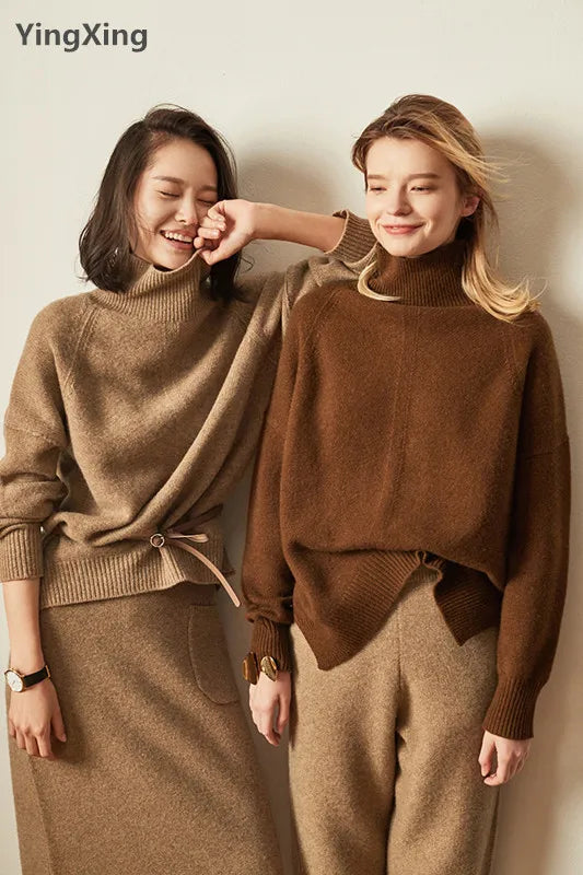 DY Autumn and Winter New Cashmere Sweater Women's High-Necked Pullover Loose Thick Sweater Short Paragraph Knit Shirt