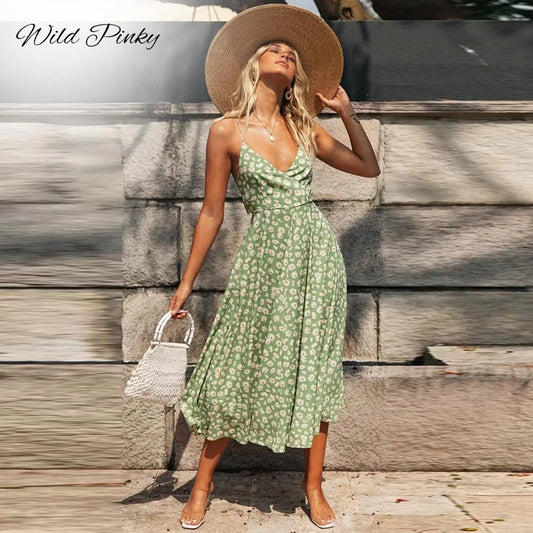 WildPinky Women Midi Dresses New Arrival Summer Boho V-Neck Sleeveless Party Beach Print Long Dress Casual Sundress Vestidos