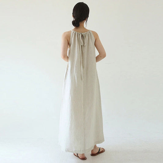 Vintage 100% Linen Women Dress Fashion Sexy Halter Sleeveless Back Bandage Long Maxi Lady Dresses Vestidos MZYBLB3236Y