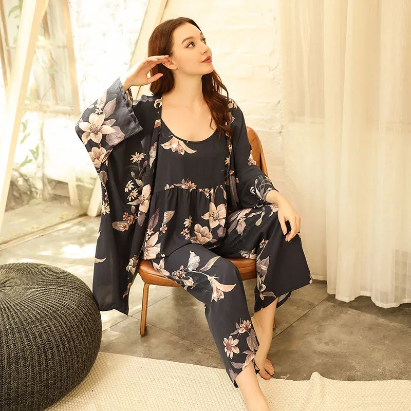 Cotton Pyjamas Set Flower Print Summer Thin Pyjama Femme Long Robe+Pants+Vest 3 Piece/Set Sleepwear Pijama