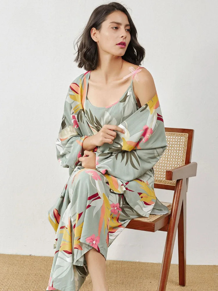 Cotton Pyjamas Set Flower Print Summer Thin Pyjama Femme Long Robe+Pants+Vest 3 Piece/Set Sleepwear Pijama