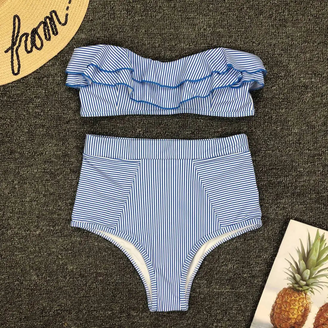 Sexy Retro Blue White Striped Bandeau High Waist Bikini 2025 Lady Swimwear Women Swimsuit Female Ruffle Ruched Swim Bathing Suit