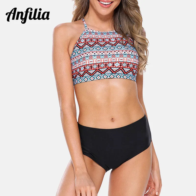 Anfilia Women Bikini Set High Neck Swimsuit Halter Swimwear Vintage Printed Bathing Suit Beachwear Bikini