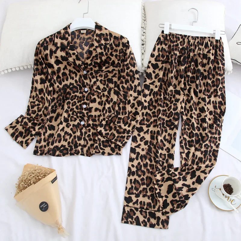 Long Sleeve Pyjamas Autumn Ice Silk Long Sleeve Trousers Suit Printing Fashion Pyjamas Set