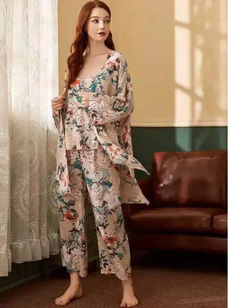 Cotton Pyjamas Set Flower Print Summer Thin Pyjama Femme Long Robe+Pants+Vest 3 Piece/Set Sleepwear Pijama